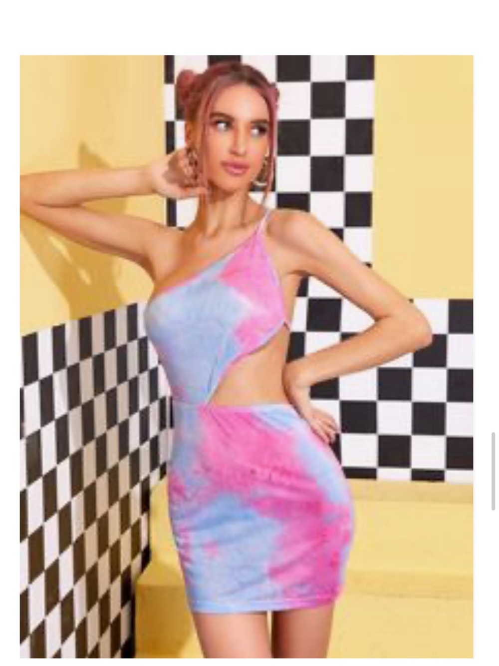 SHEIN One-Shoulder Tie-Dye Cutout Bodycon Dress - Pink & Blue